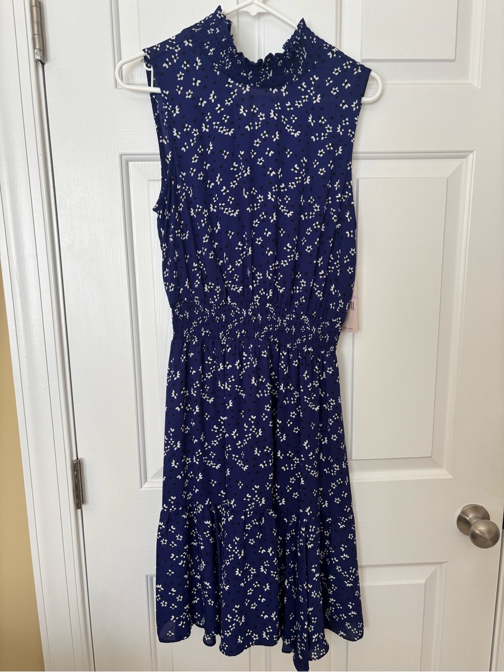 Nanette Lepore Navy and White Floral Ruffled Neck Midi Dress Size 6 NWT